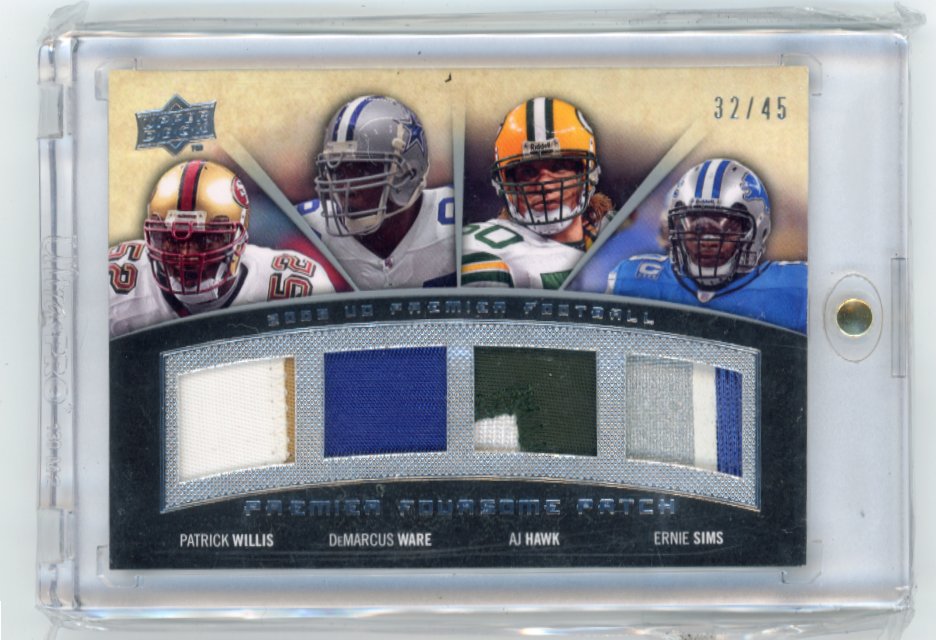 2008 Upper Deck Premier Foursome Patch Patrick Willis / DeMarcus Ware / AJ Hawk / Ernie Sims #PGQP-WSWH - Quad Relic #/45