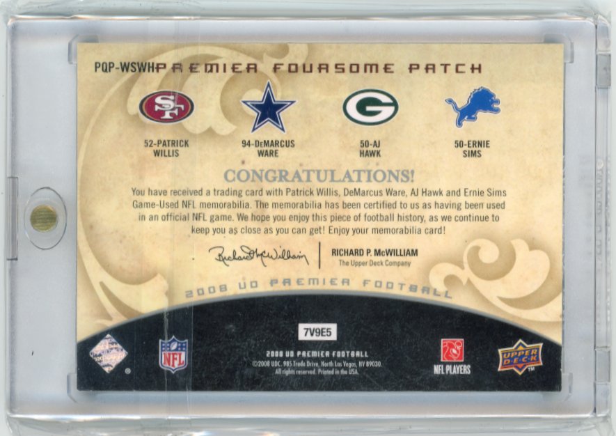 2008 Upper Deck Premier Foursome Patch Patrick Willis / DeMarcus Ware / AJ Hawk / Ernie Sims #PGQP-WSWH - Quad Relic #/45