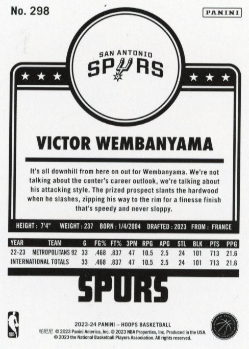 2023/24 Panini NBA Hoops Victor Wembanyama RC #298 - Winter Spurs