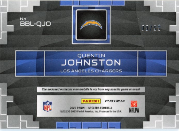 2023 Panini Spectra Quentin Johnston Building Blocks RC #BBL-QJO - #/99 Triple Relic Chargers