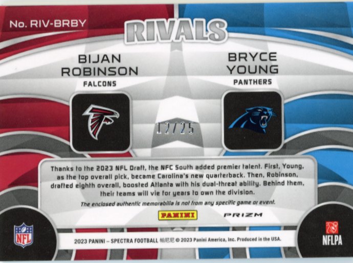 2023 Panini Spectra Bijan Robinson Bryce Young #RIV-BRBY - #/25 Dual Patch Falcons Panthers