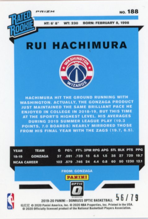 2019/20 Panini Donruss Optic Rui Hachimura #188 - Pink Velocity Wizards