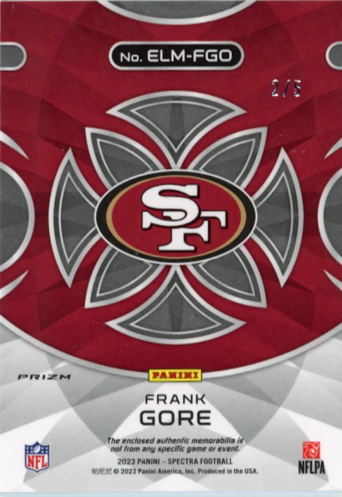 2023 Panini Spectra Frank Gore #ELM-FGO - #/5 Patch 49ers