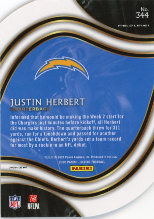 2020 Panini Select Justin Herbert RC #344 - Field Level Red White Blue Chargers