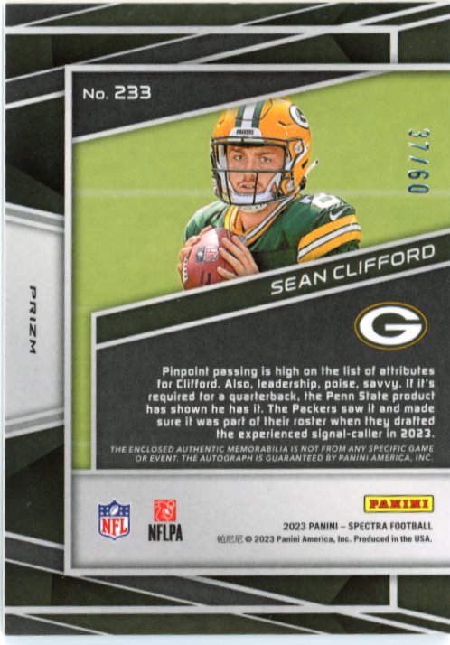 2023 Panini Spectra Sean Clifford RC #233 - #/60 Patch Autograph
