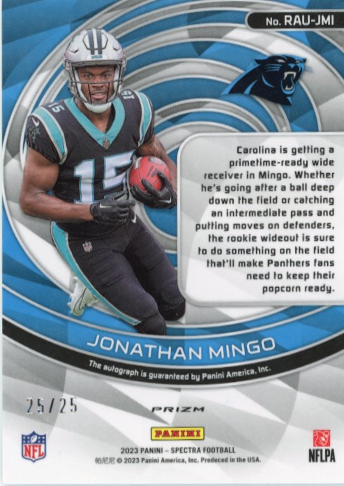 2023 Panini Spectra Jonathan Mingo RC #RAU-JMI - #/25 Autograph Panthers