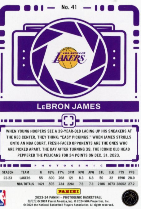 2023/24 Panini Photogenic LeBron James #41 - Lakers