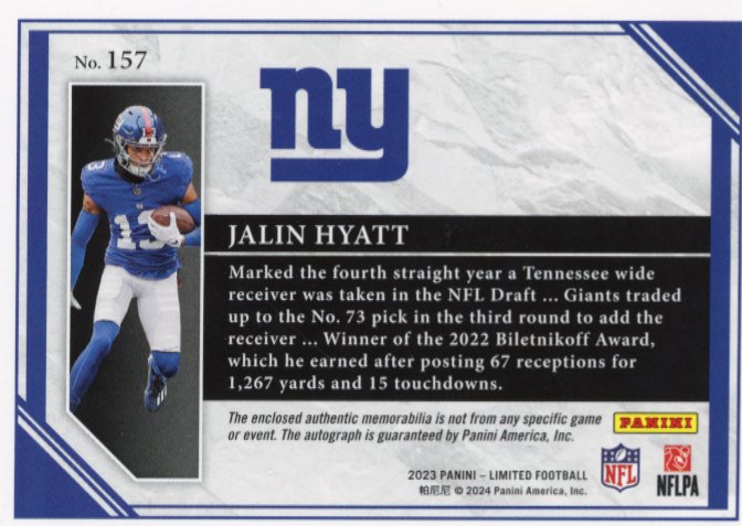 2023 Panini Limited Jalin Hyatt RC #157 - Autograph Relic #/29 Giants