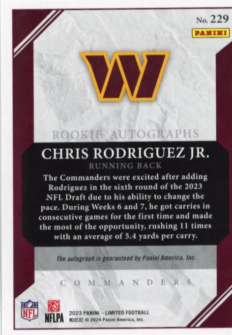 2023 Panini Limited Chris Rodriguez Jr. Rookie Autographs RC #229 - Autograph Red #/25 Commanders