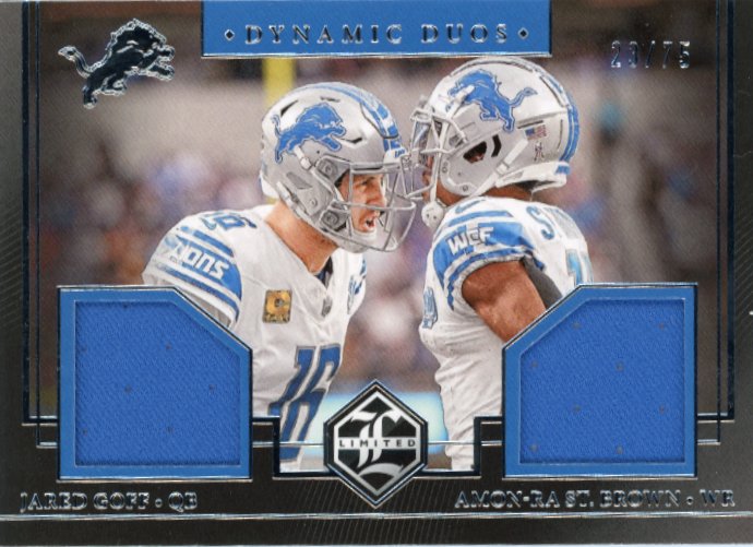 2023 Panini Limited Jared Goff Amon-Ra St. Brown Dynamic Duos #DD-DET - Dual Relic #/75 Lions