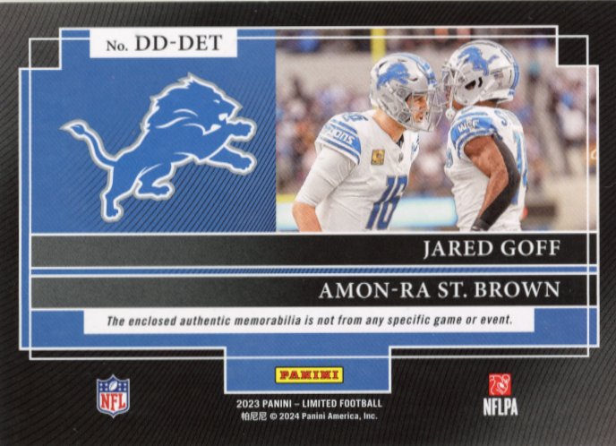 2023 Panini Limited Jared Goff Amon-Ra St. Brown Dynamic Duos #DD-DET - Dual Relic #/75 Lions