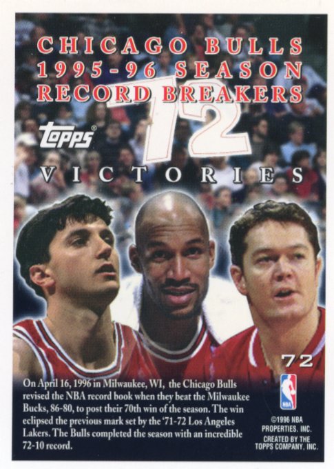 1996 Topps Chicago Bulls Record Breaker # 72 - Bulls