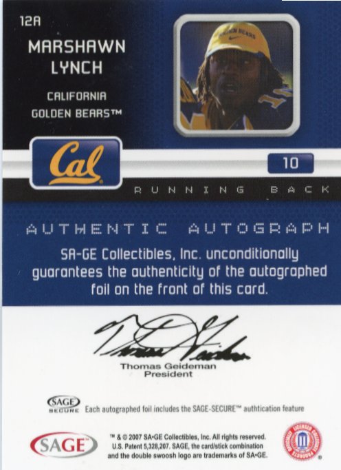 2007 Sage Marshawn Lynch #12A - Autograph Cal Bears