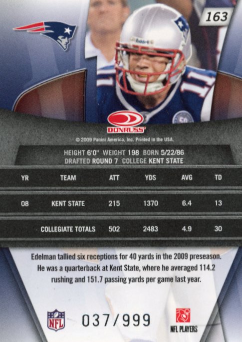 2009 Panini Donruss Julian Edelman RC #163 - #/999 Patriots