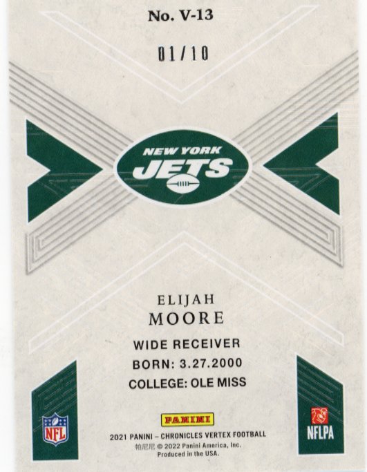 2021 Panini Chronicles Elijah Moore RC #V-13 - #/10 Jets