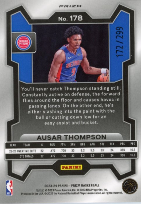 2023/24 Panini Prizm Ausar Thompson RC #178 - #/299 Red Seismic Pistons
