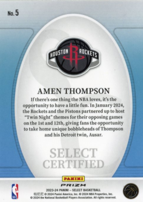 2023/24 Panini Select Amen Thompson Select Certified RC #5 - Tectonic Rockets