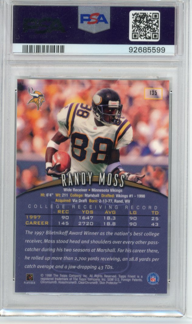 1998 Topps Finest Randy Moss #135 - w/ Coating PSA 9 Vikings