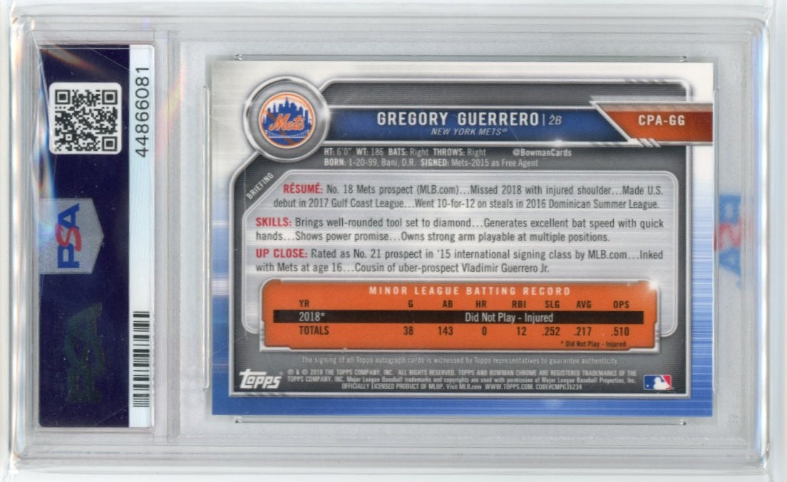 2019 Topps Bowman Chrome Gregory Guerrero #CPAGG - Prospects Autographs 1st Bowman PSA 10 Mets