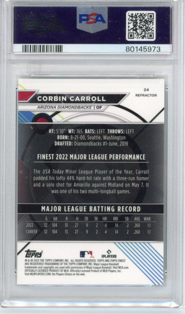 2023 Topps Finest Corbin Carroll RC #24 - Refractor PSA 10 Diamondbacks