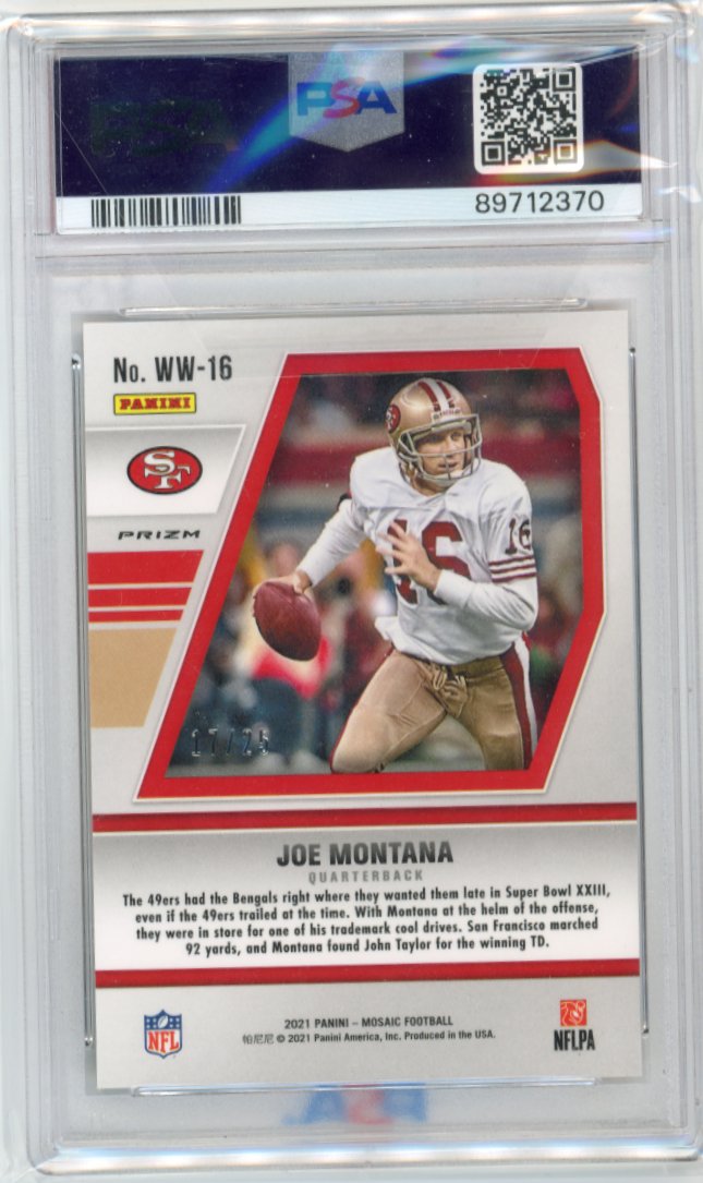 2021 Panini Mosaic Joe Montana #WW16 - Will to Win Orange Fluorescent #/25 PSA 10 49ers