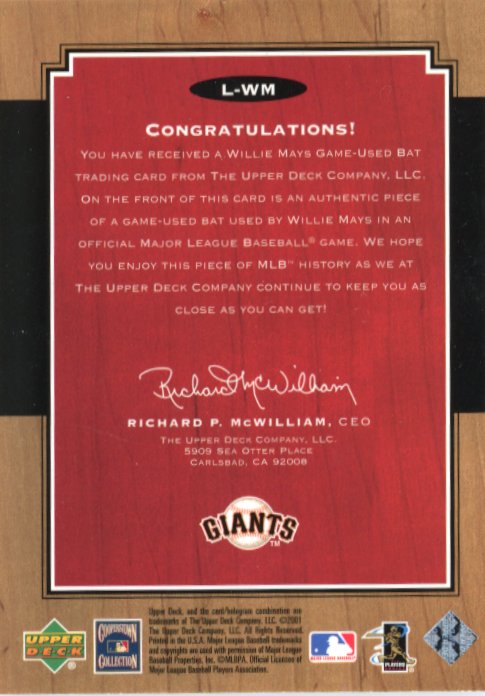 2001 Upper Deck Legends Willie Mays #L-WM - Legendary Lumber Relic Giants