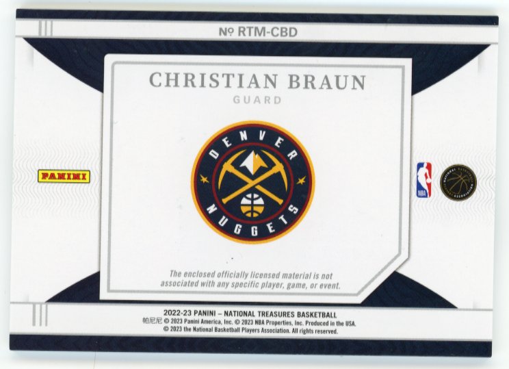 2022/23 Panini National Treasures Christian Braun RC #RTM-CBD - #/99 Triple Relic Nuggets