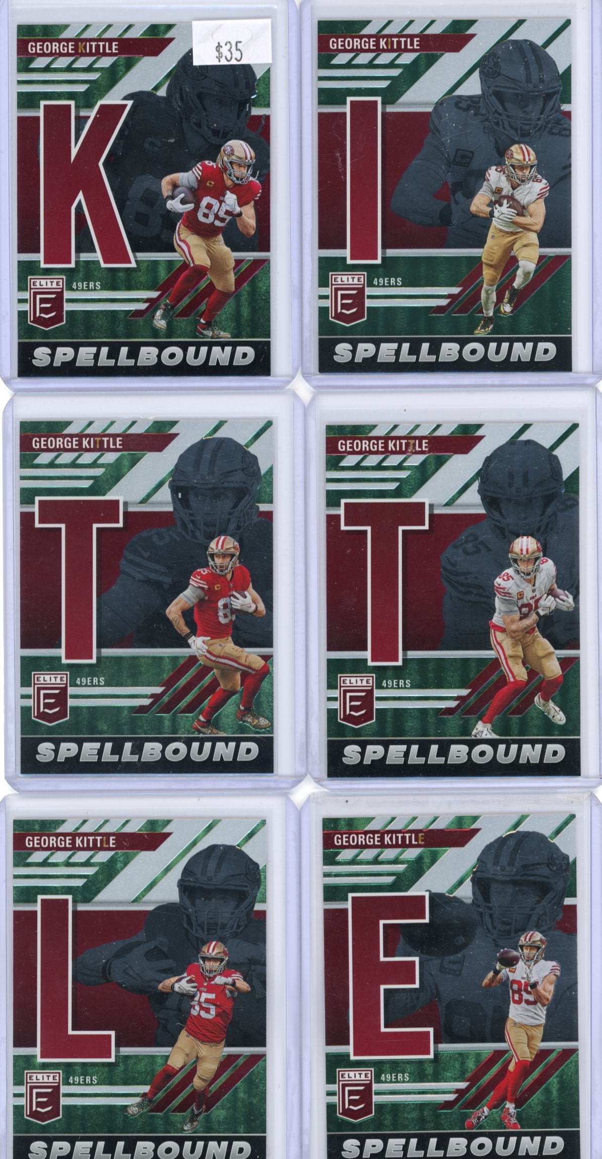 2023 Panini Donruss Elite George Kittle #SB-GK1-#SB-GK6 - Spellbound Green Full Name Set 49ers