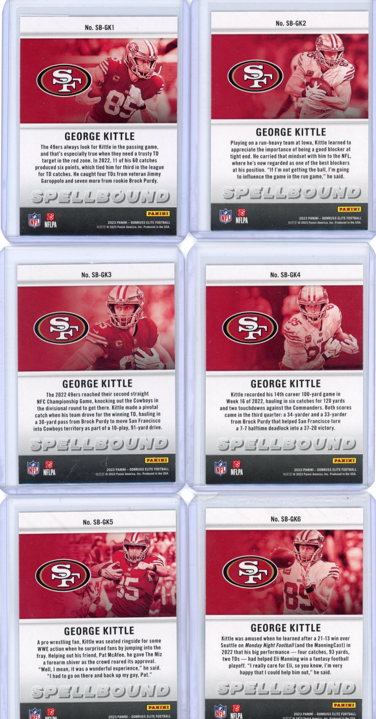 2023 Panini Donruss Elite George Kittle #SB-GK1-#SB-GK6 - Spellbound Green Full Name Set 49ers