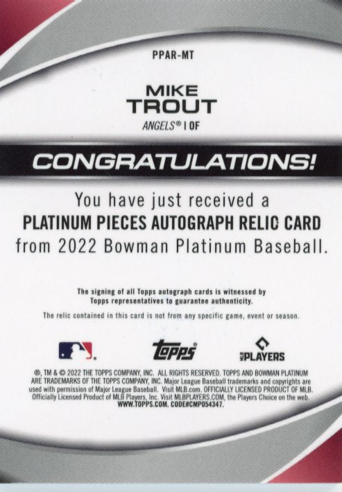 2022 Bowman Platinum Mike Trout #PPAR-MT - #/25 Orange Patch Autograph Angels