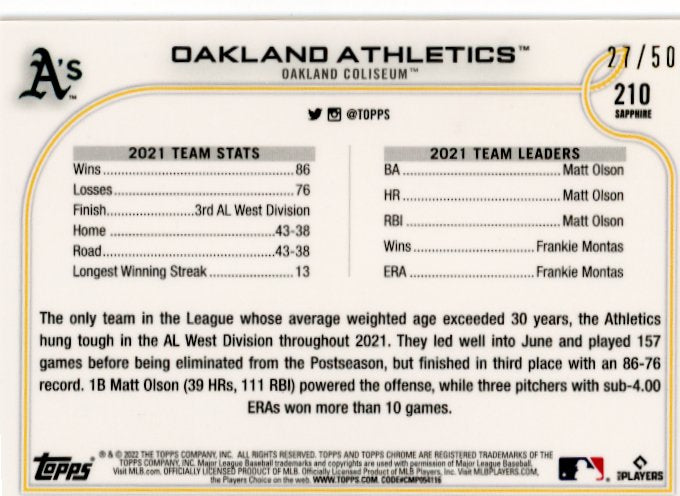 2022 Topps Chrome Oakland Athletics #210 - Yellow Sapphire #/50 Athletics