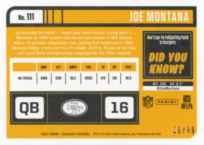 2021 Panini Classics Legends Joe Montana #111 - Yellow Timeless Tributes #/99 49ers