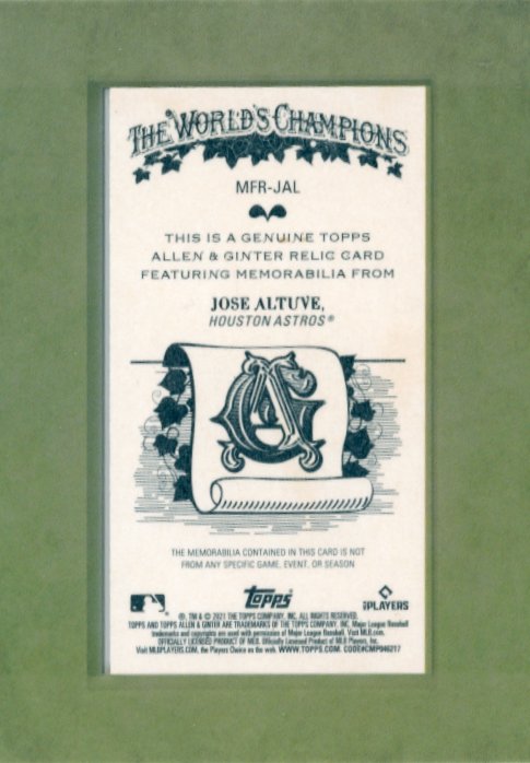 2021 Topps Allen & Ginter Jose Altuve #MFR-JAL - Mini Relic Patch Astros