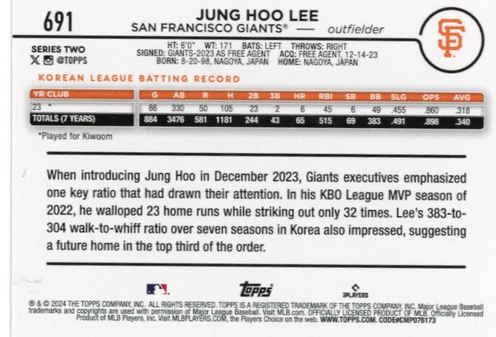 2024 Topps Series 2 Jung Hoo Lee RC #691 - Yellow Giants