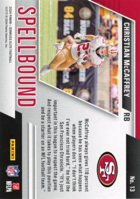 2024 Panini Donruss Elite Christian McCaffrey #13 - #/99 Spellbound Orange 49ers