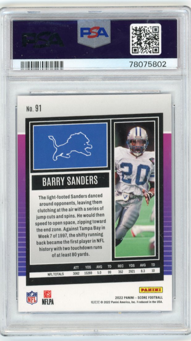 2022 Panini Score Barry Sanders #91 - #/35 - Artist's Proof Lions PSA 8