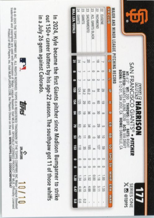 2025 Topps Kyle Harrison #177 - #/10 Black Border Giants