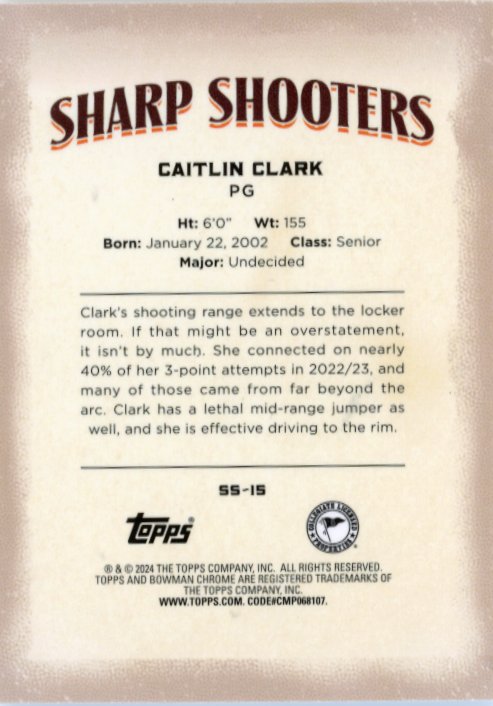 2024 Bowman Chrome U Caitlin Clark #SS-15 - Sharp Shooters Iowa