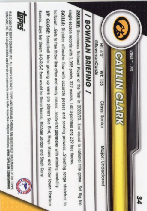 2024 Bowman Chrome U Caitlin Clark #34 - Iowa
