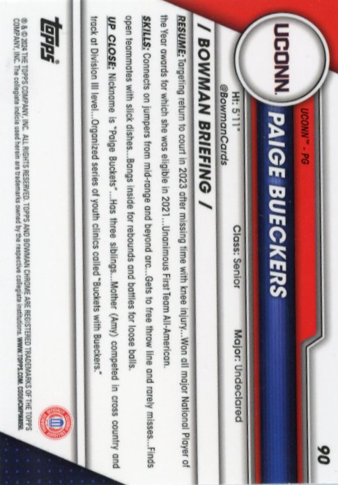 2024 Bowman Chrome U Paige Bueckers #90 - Purple Shimmer UCONN
