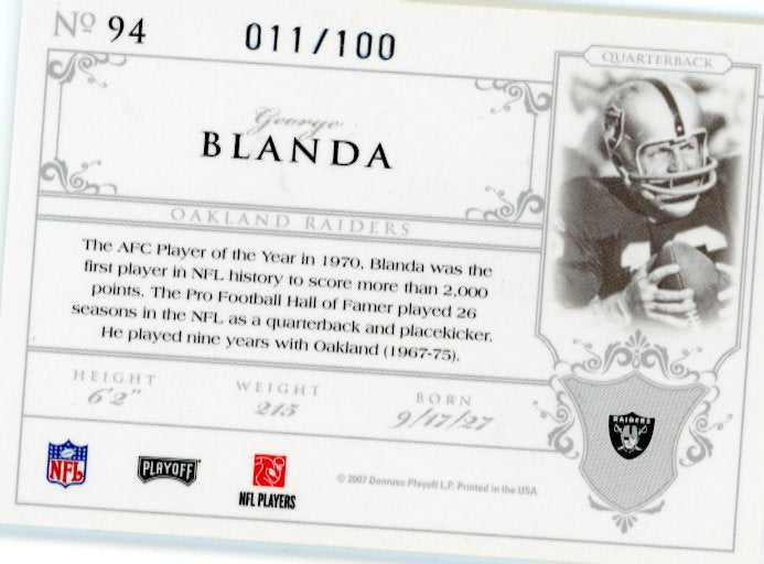2007 Donruss Playoff National Treasures George Blanda #94 - #/100 Raiders