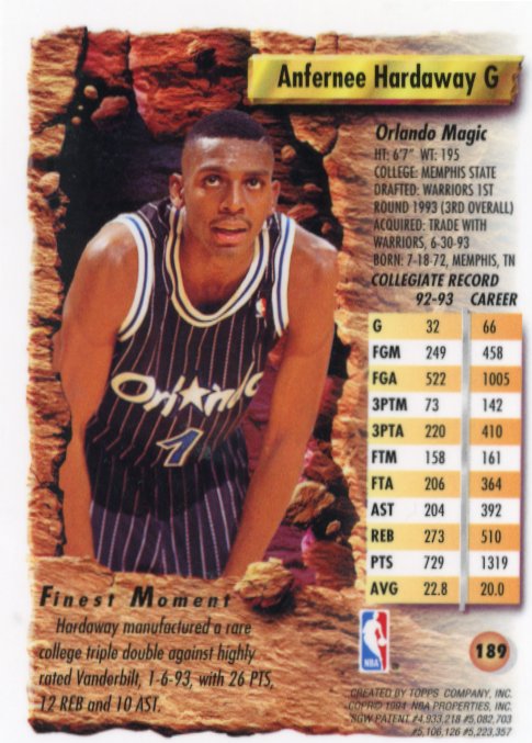 1993/94 Topps Finest Anfernee Hardaway RC #189 - Refractor Magic