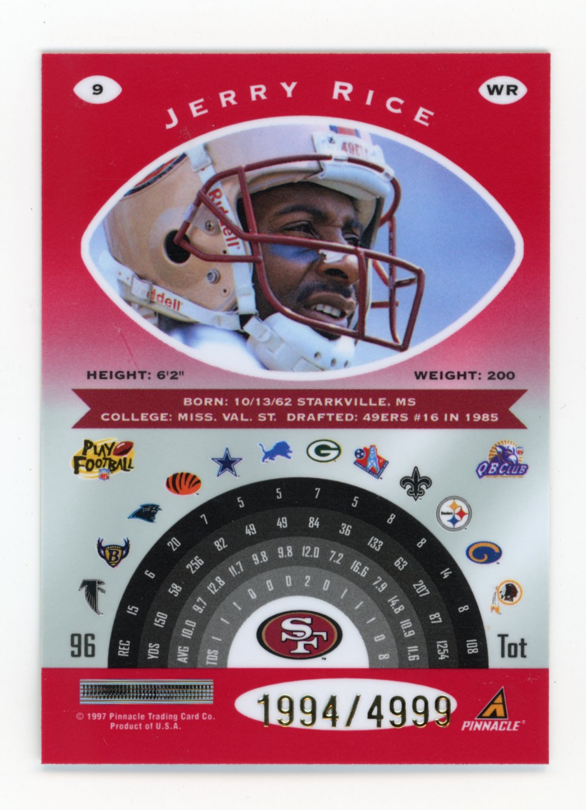 1997 Pinnacle Totally Certified Jerry Rice #9 - Red Platinum #/4999 49ers
