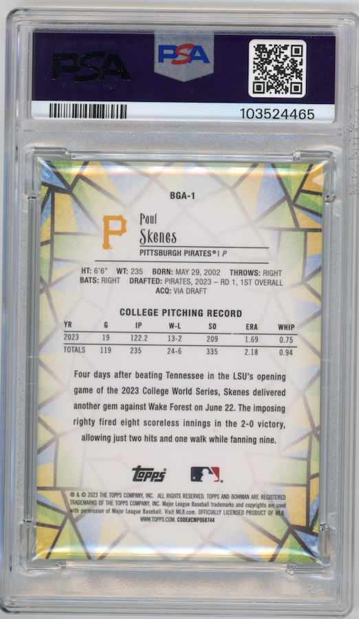 2023 Bowman Draft Paul Skenes #BGA-1 - Glass PSA 9 Pirates
