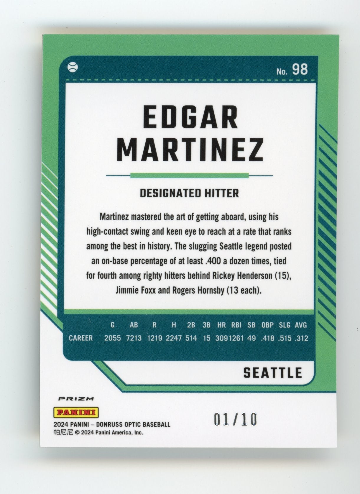 2024 Panini Donruss Optic Edgar Martinez #98 - #01/10 Gold Trim Mariners