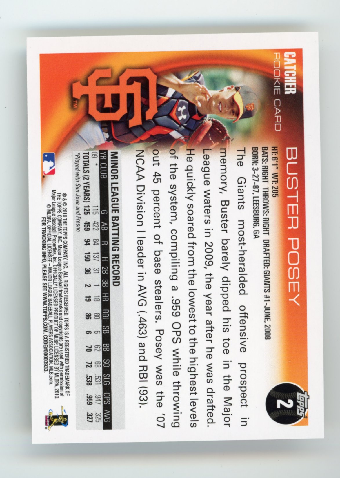 2010 Topps Buster Posey #2 - Rookie Giants