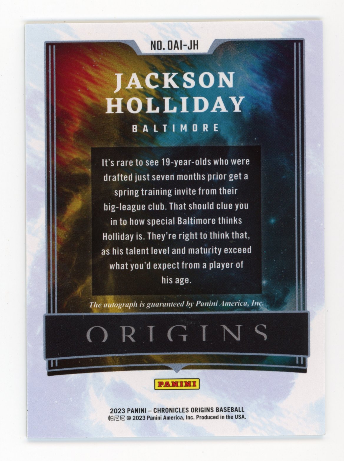 2023 Panini Origins Jackson Holliday #OAI-JH - #/49 Autograph