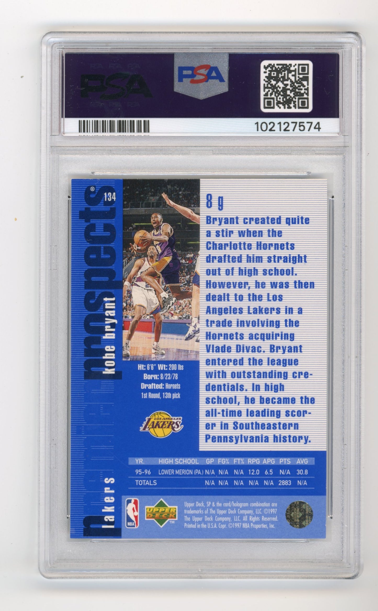 1996 Upper Deck Kobe Bryant #134 - Rookie PSA 8 Lakers