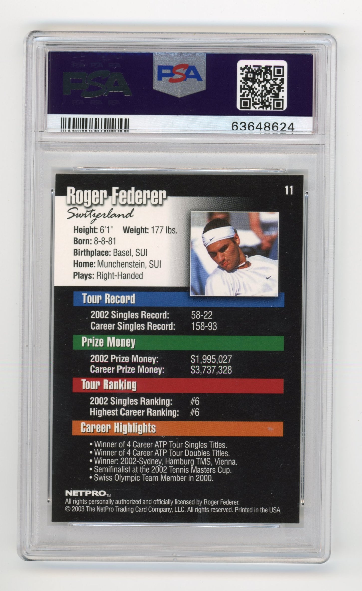2003 NETPRO Roger Federer #11 - PSA 8