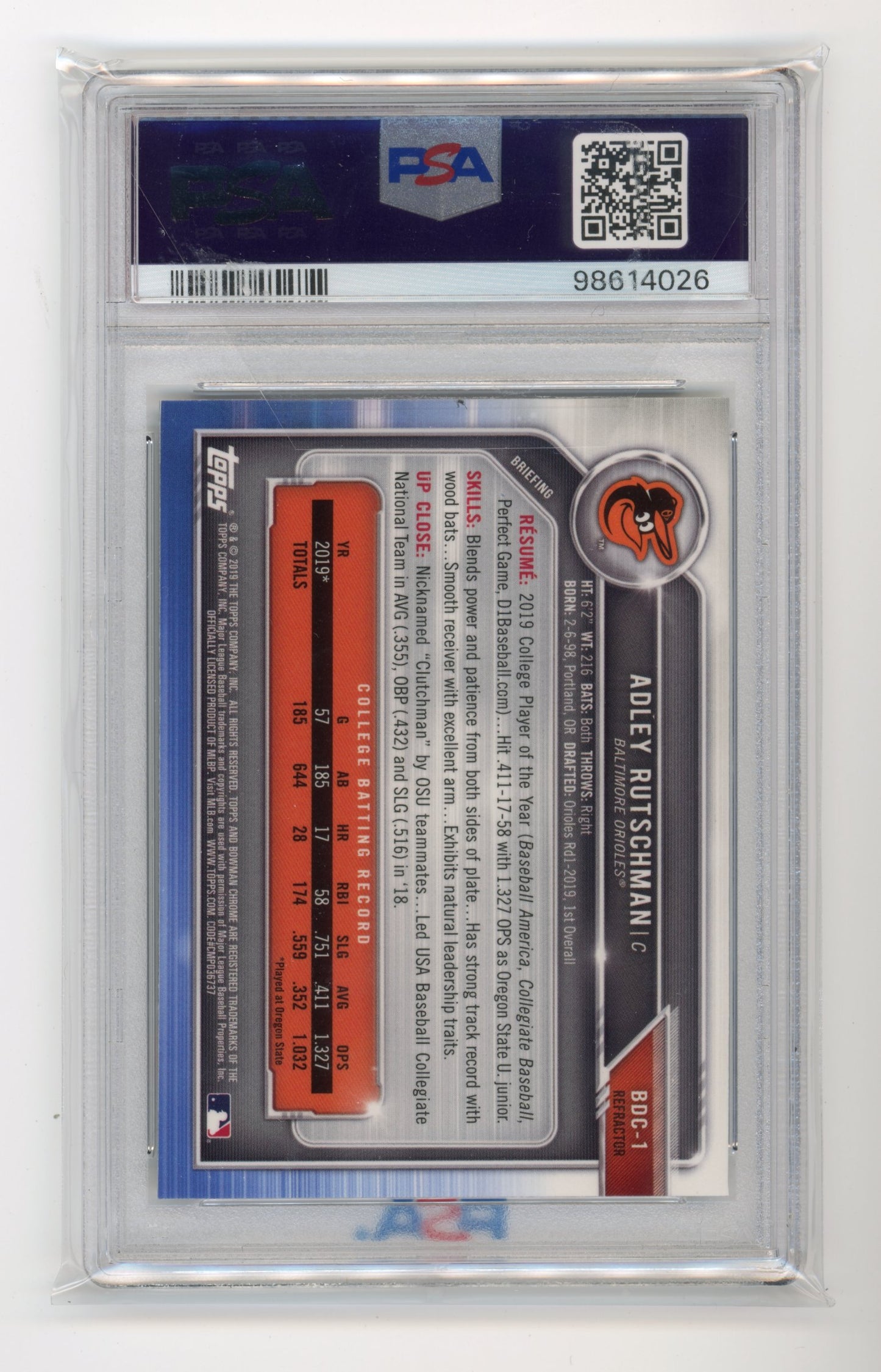 2019 Bowman Draft Adley Rutschman 1st Bowman #BDC1 - PSA 10 Refractor Orioles